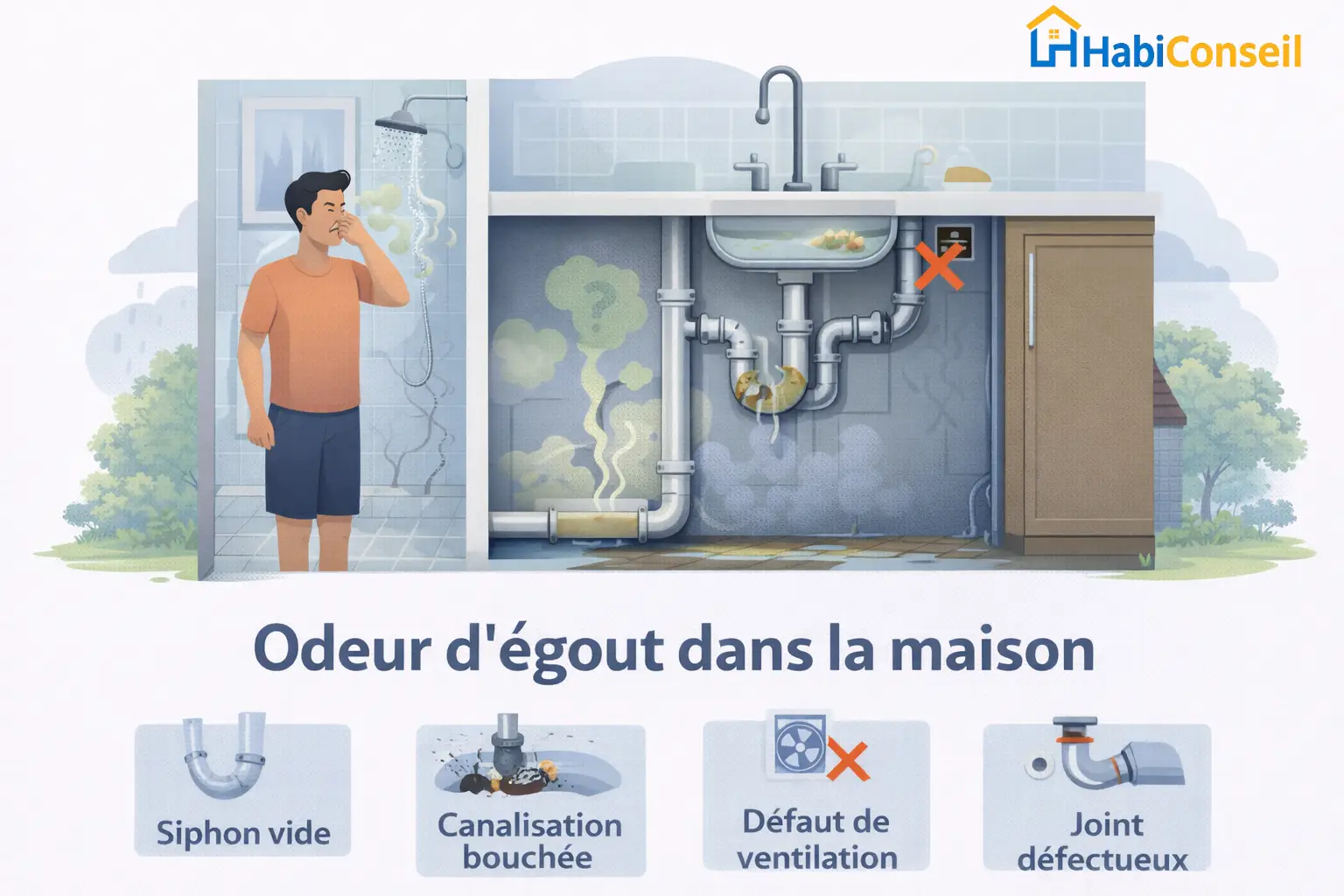 causes odeur egout maison siphon vide canalisation bouchee ventilation joint defectueux