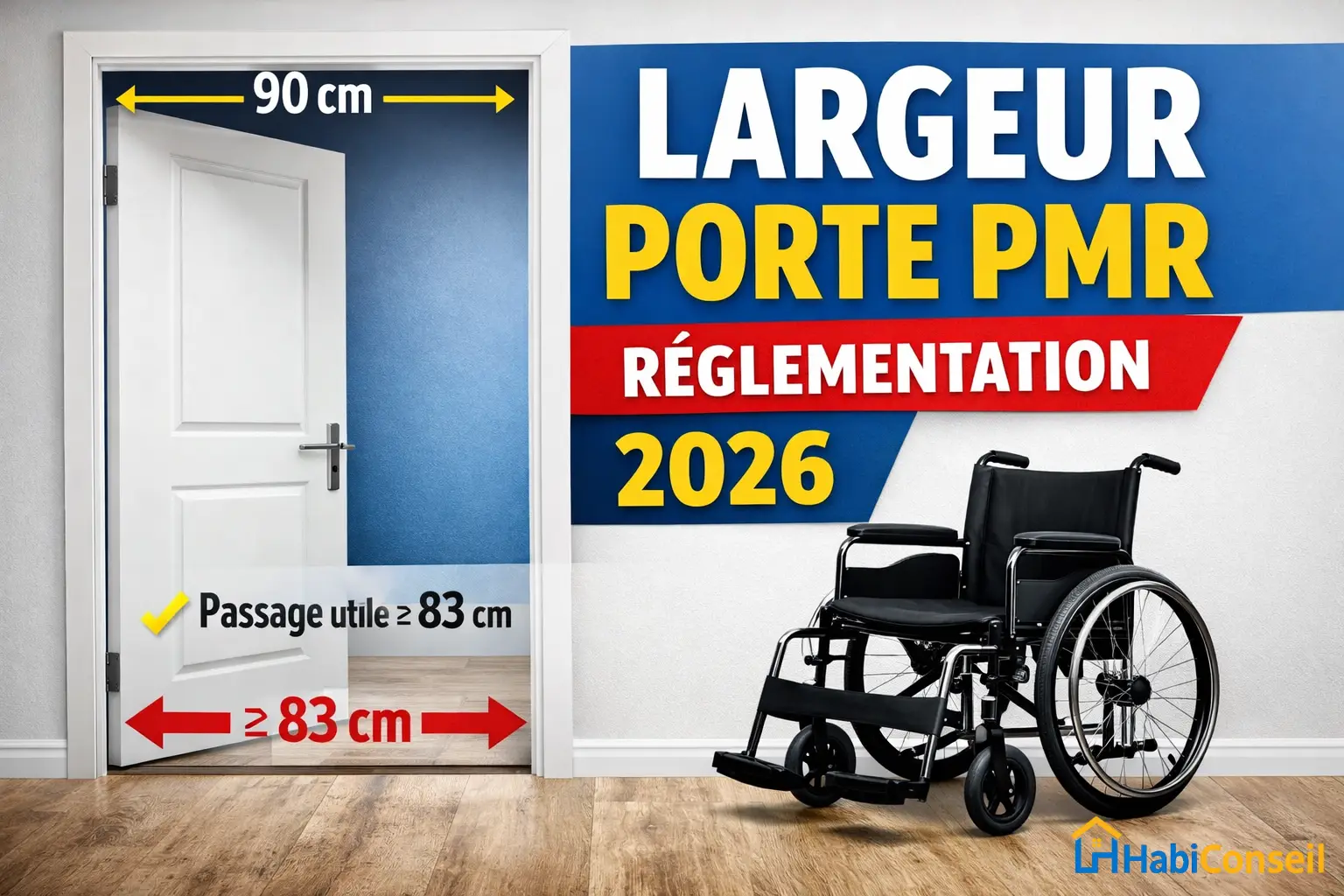Largeur porte PMR 90 cm avec passage utile 83 cm conforme à la norme accessibilité