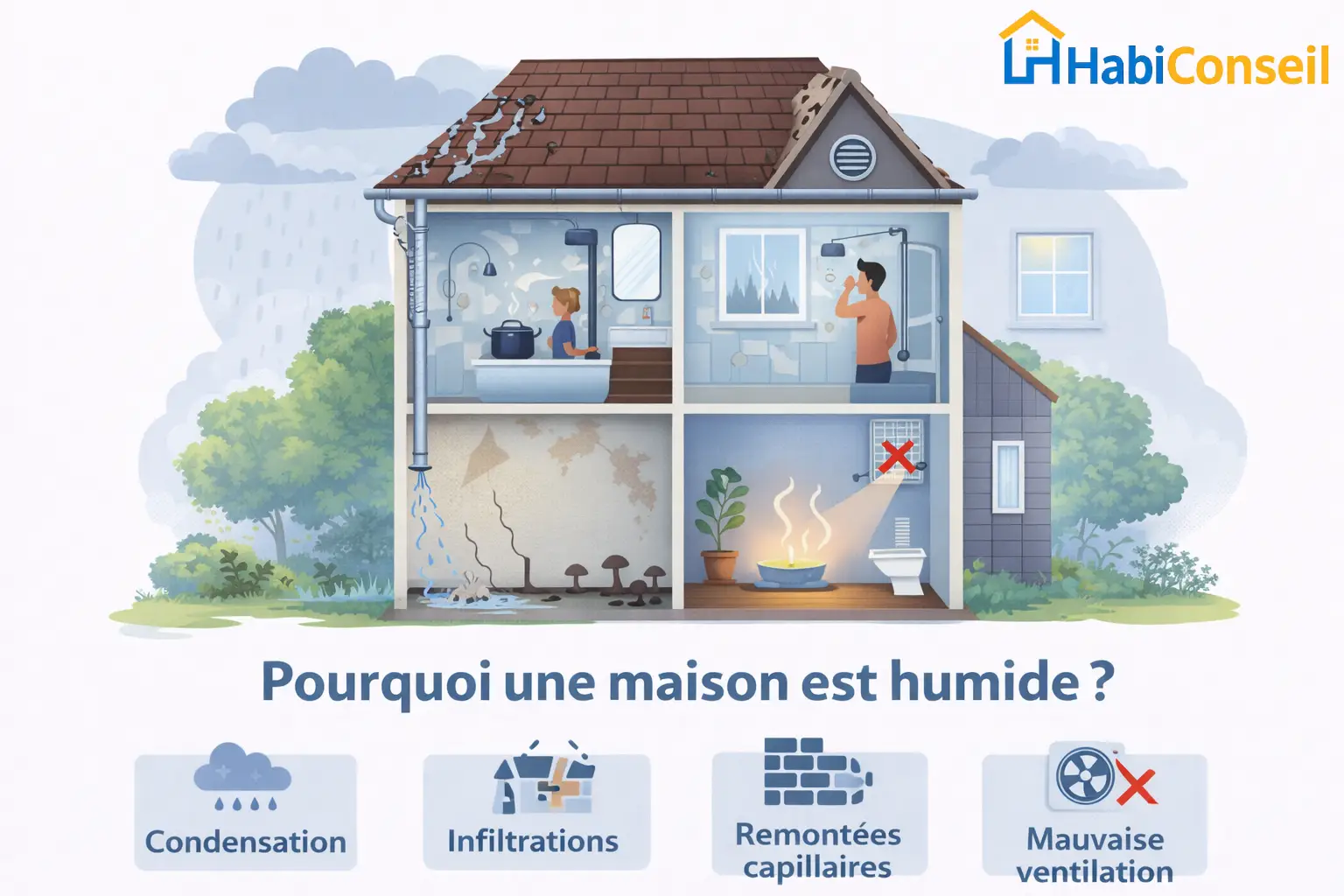 causes humidite maison condensation infiltrations remontees capillaires mauvaise ventilation