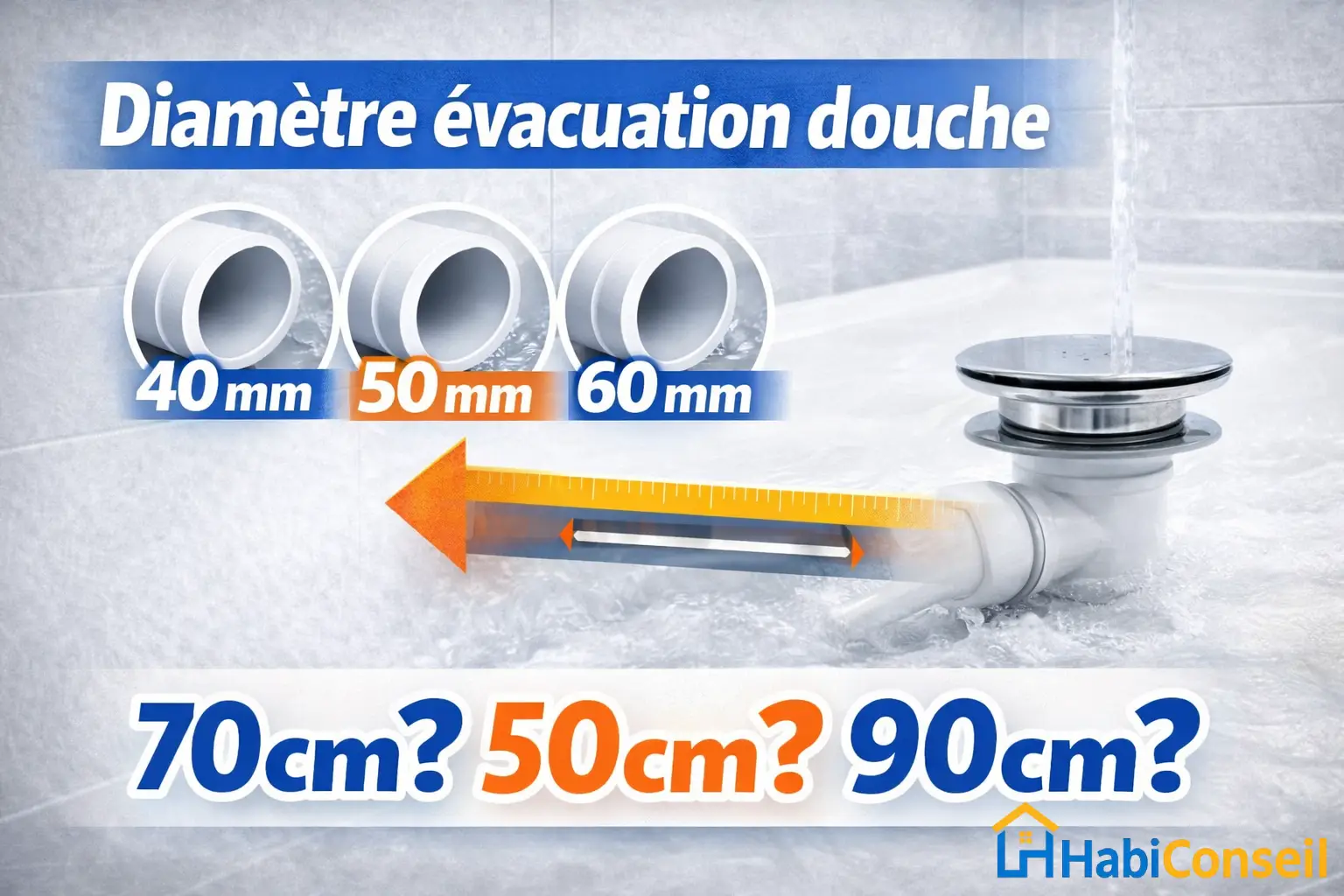 diamètre évacuation douche 40 mm et 50 mm avec bonde et tuyau visible