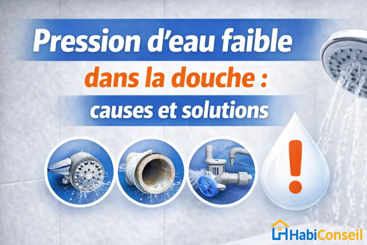 pression d’eau faible dans une douche avec jet réduit visible
